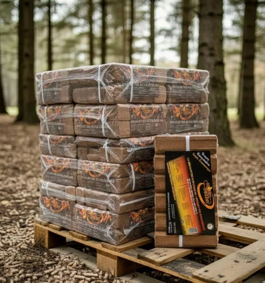 NovaLenha Briquetas de Madera Premium - Palet 96 Packs x 9 kg Alto Poder Calorífico