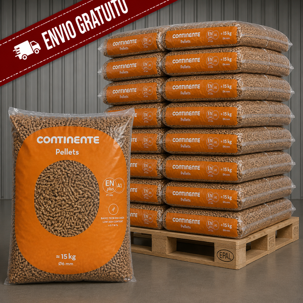Palete pellets madeira Continente 65 sacos 15kg total 975kg combustible calefaccion verano