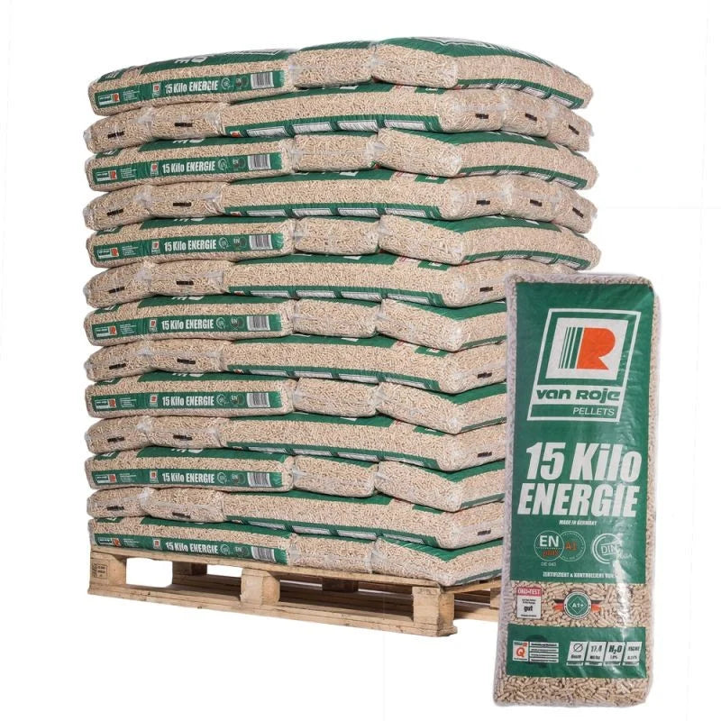 Palete pellets Van Roje abeto 65 sacos 15kg madeira pura combustible calefaccion sostenible