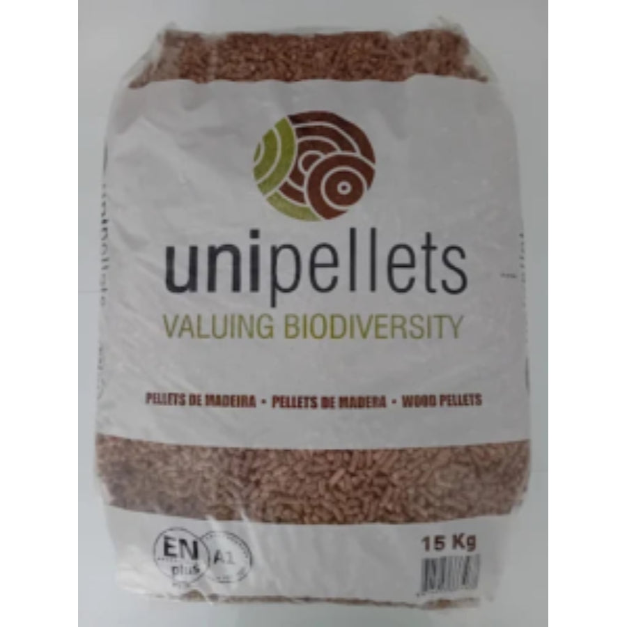 Palete pellets pinho Unipellets 65 sacos 15kg madeira pura combustible calefaccion eficiente