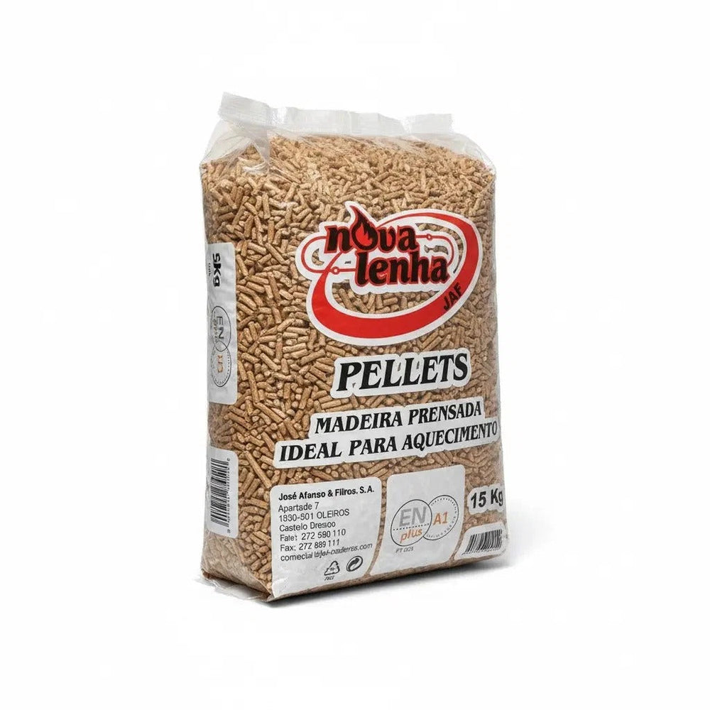 NovaLenha pellets pino EnPlus A1 — detalle saco embalaje calidad premium garantia eco